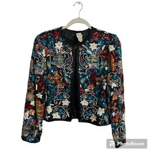 Vintage Sequin Heavily Beaded Silk Paisley Floral Ornate Blazer Multi Color S